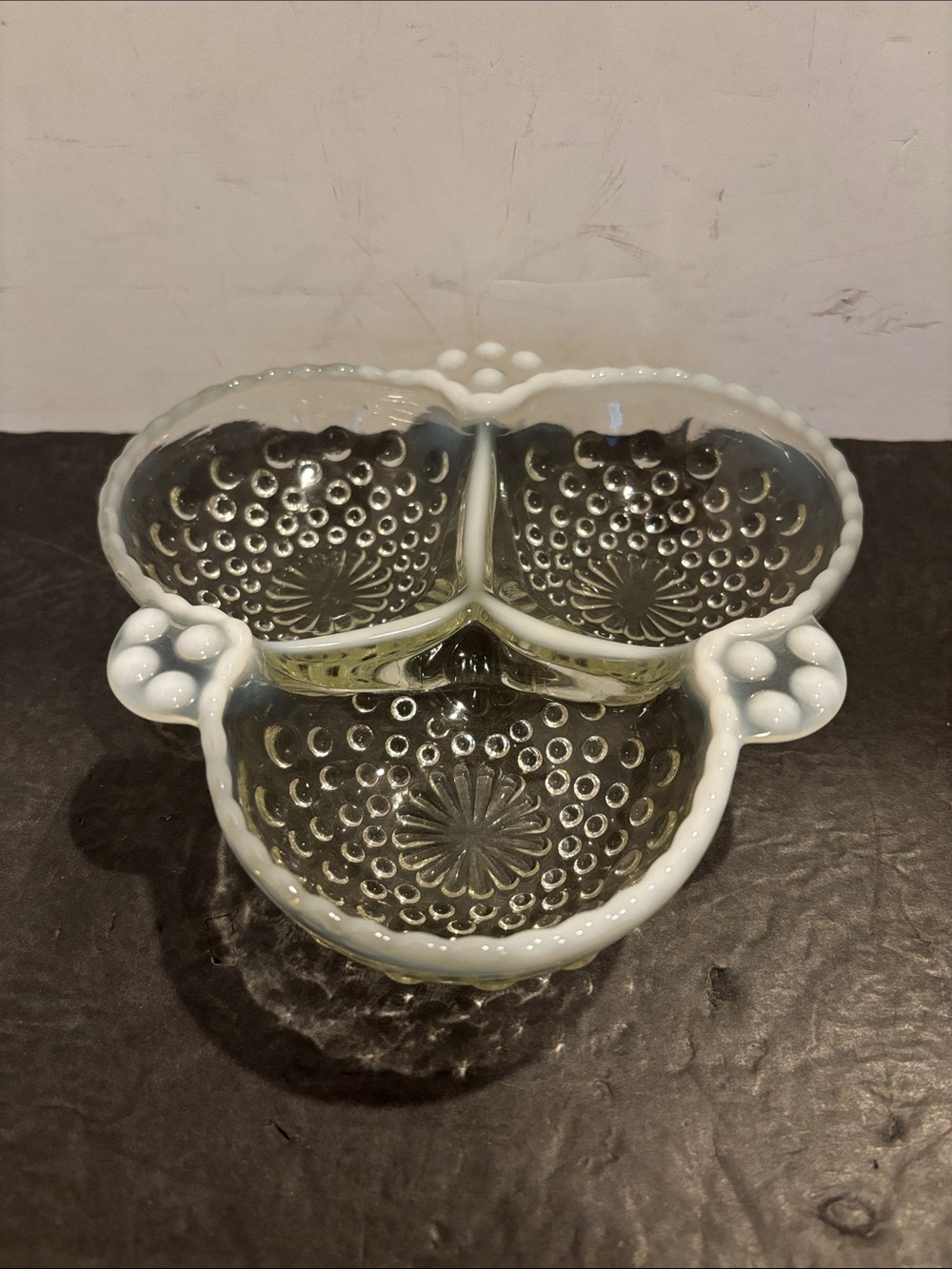 Anchor Hocking Moonstone Hobnail Clover Shaped 3 Part Dish Opalescent Glass